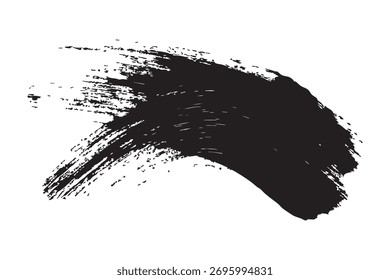 Ein dynamischer, weicher, schwarzer Pinselstrich, der sich durch seine rauen, strukturierten Kanten und einen allmählichen Konus auszeichnet, der auf einem sauberen, weißen Hintergrund dargestellt wird. Dieses handbemalte Grunge-Element ist ideal zum Hinzufügen