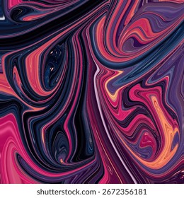 Espiral dinâmica abstrata com tons de rosa arrojado, azul-marinho e dourado, assemelhando-se a texturas líquidas fluidas. Palavras-chave douradas: abstrata, redemoinho, dinâmica, textura, colorida.