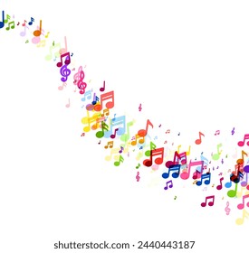 A dynamic swirl of colorful music notes floating on a white background, capturing the essence of rhythm and movement in music.