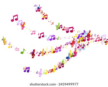 A dynamic swirl of colorful music notes floating on a white background, capturing the essence of rhythm and movement in music.