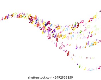 A dynamic swirl of colorful music notes floating on a white background, capturing the essence of rhythm and movement in music.