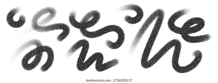 Dynamic swirl shapes with stipple effects and geometric dots create modern artistic compositions featuring flowing curves, organic spirals, and textured gradients.