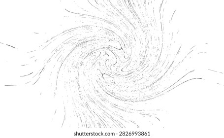 Dynamic swirling abstract pattern featuring fine black lines radiating outwards in a vortex spiral on white.