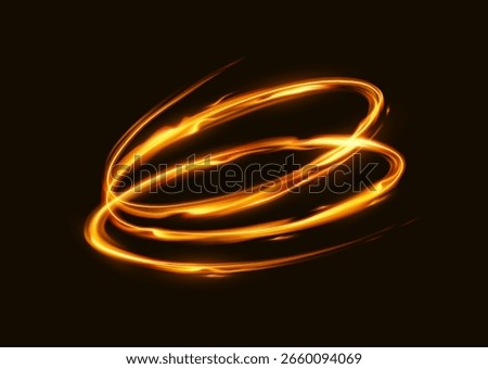 Dynamic swirls of glowing light create an abstract form against a dark background. The vibrant orange and yellow hues convey energy and motion, ideal for digital designs.