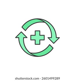 A dynamic symbol featuring a green circular arrow around a green cross, representing renewal and progress in recovery efforts. Simple, clear, and impactful