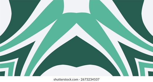 A dynamic and symmetrical abstract background with sharp, layered, fang like shapes in green and white converging to a central point.