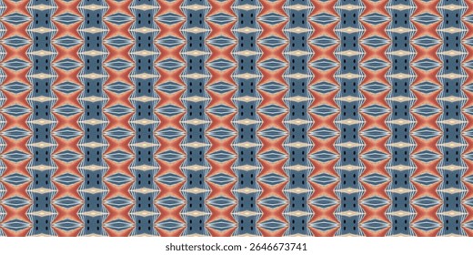 Dynamic symmetrical pattern featuring sharp red and blue shapes with vertical flow and repeating elements, ideal for digital backdrops and textile design.
