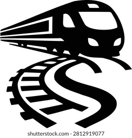 Dynamic Symmetrical Silhouette Of A Modern Bullet Train Speeding Along A Curved Track. Ideal For National Infrastructure, Logistics, and High-Speed Travel.