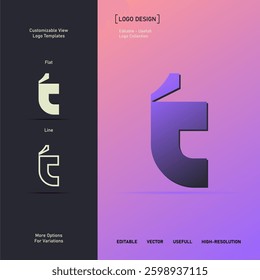 A dynamic T shape logo with a geometric and futuristic design, featuring a stylish purple gradient. Perfect for technology, gaming, automotive, or corporate branding. High quality vector for versatile