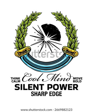 A dynamic T shirt artwork combining traditional victory motifs with sharp graphic energy, highlighting the balance of calm thinking and bold movement