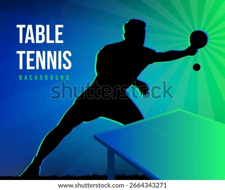 Dynamic Table Tennis Silhouette Background. Energetic black player silhouette in action with vibrant blue and green gradient effects.