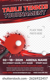 Dynamic table tennis tournament poster template with racket, balls, lightning and grungy elements and place for your photo - vector illustration