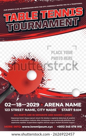 Dynamic table tennis tournament poster template with racket, balls, lightning and grungy elements and place for your photo - vector illustration