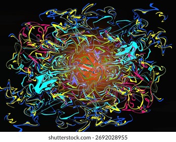Dynamic tangle of multicolored glowing lines on a dark background. High-energy abstract digital art with motion and vibrance.