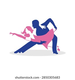 Dynamic tango or salsa dance pose with dramatic dip, man in blue and woman in pink dress. Energetic logo for Latin dance studio, tango lessons, and professional dance show.
