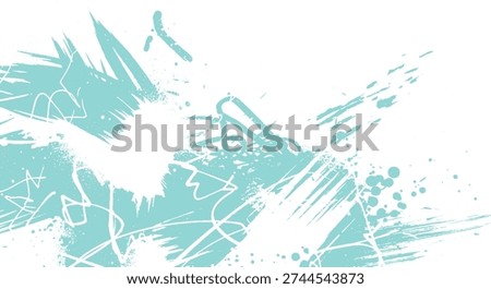 Dynamic teal abstract paint splashes, rough brushstrokes and doodles on a white background, artistic and energetic design