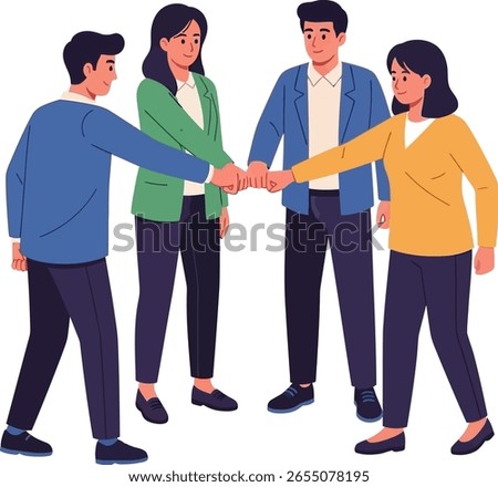 Dynamic Team Collaboration Diverse professionals uniting hands in a powerful display of teamwork, cooperation, and shared success.