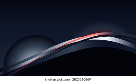 Dynamic technology artwork featuring sleek converging ribbons and digital node network elements with spacious upper layout. Slate, Coral and Silver color theme.