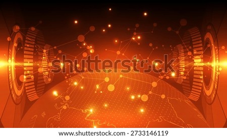 Dynamic technology background in warm orange tones featuring a digital world globe, glowing network nodes, and circular HUD elements. Perfect for energy, data, and global connectivity themes.