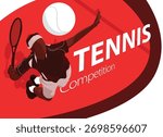 Dynamic tennis competition poster with player in action, flat design style, red background, and modern sport illustration concept.