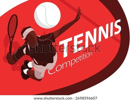Dynamic tennis competition poster with player in action, flat design style, red background, and modern sport illustration concept.
