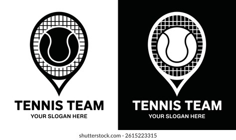 Dynamic tennis racket logo for clubs representing powerful serves volleys and championship-winning court performance