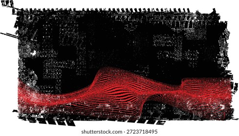 Anuncio de textura dinámica con líneas onduladas de movimiento de salpicaduras rojas para el Diseño gráfico. Fondo digital Grunge para creativos. Líneas rojas Abstractas sobre la capa negra transparente. Ilustración vectorial.
