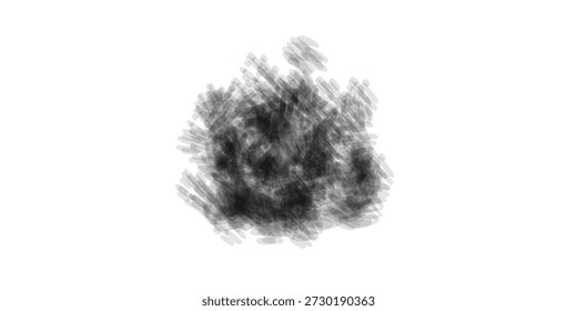 Ein dynamischer und strukturierter schwarzer Tintenspritzer, der einer Wolke oder einem Rauch ähnelt, einzeln auf sauberem, weißem Hintergrund, was einen auffälligen Kontrast erzeugt.