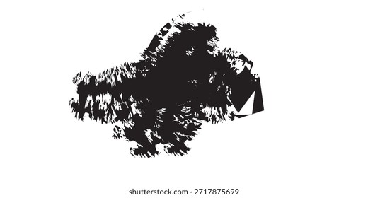 Una salpicadura de tinta negra dinámica y texturizada que forma una forma abstracta con bordes ásperos y una sensación de movimiento.