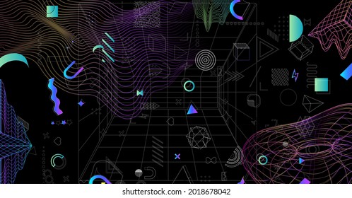 Dynamic textured geometric elements design. odern Gradient abstract wireframe background universal trendy shapes, with glitch effects. Cyberpunk retro futurism set. Can be used on posters,banner,web