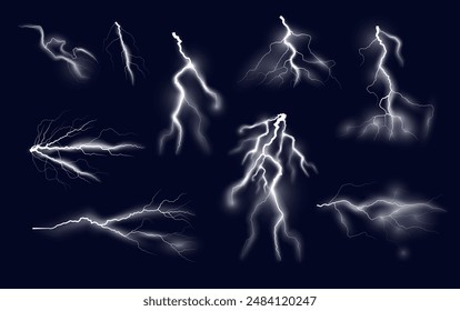 Dynamische Thunderbolts vor einem dunklen Hintergrund. Diese Vektorillustration erfasst verschiedene markante Blitz-Formen, ideal für Wetter-bezogene Designs.