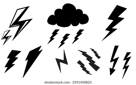 Dynamic thunderstorm illustration featuring bold lightning bolts and a dark cloud with jagged rain droplets conveying a sense of intense weather