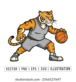 Dynamic Tiger Basketball Player Cartoon Illustration - Sports Mascot Vector Art