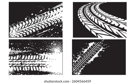 Dynamic Tire Track Designs: A Collection of Grunge and Clean Impressions for Automotive and Motorsports Themes, Highlighting Speed and Motion in Black and White