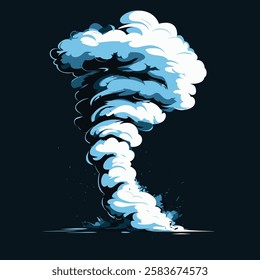 Dynamic tornado illustration with swirling lines on blue.