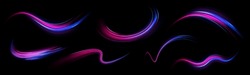 Dynamic Translucent Soft Gradient Stream Motion. Violet Neon Color Wave. Blue Glowing Shiny Lines Effect Vector Background. Light Trail Wave, Fire Path Trace Line And Incandescence Curve Twirl.