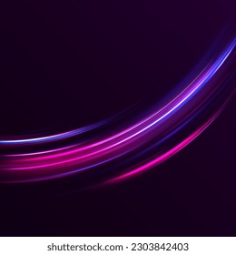 Dynamic translucent soft gradient stream motion. Violet neon color wave. Blue glowing shiny lines effect vector background. Light trail wave, fire path trace line and incandescence curve twirl.