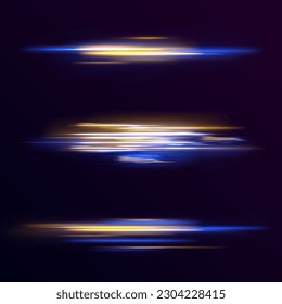 Dynamic translucent soft gradient stream motion. Yellow neon color wave. Blue glowing shiny lines effect vector background. Light trail wave, fire path trace line and incandescence curve twirl.