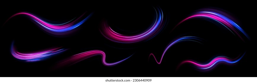 Dynamic translucent soft gradient stream motion. Violet neon color wave. Blue glowing shiny lines effect vector background. Light trail wave, fire path trace line and incandescence curve twirl.