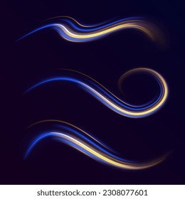 Dynamic translucent soft gradient stream motion. Yellow neon color wave. Blue glowing shiny lines effect vector background. Light trail wave, fire path trace line and incandescence curve twirl.