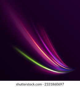 Dynamic translucent soft gradient stream motion. Violet neon color wave. Blue glowing shiny lines effect vector background. Light trail green wave, fire path trace line and incandescence curve twirl.	