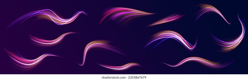 Dynamic translucent soft gradient stream motion. Vector vortex wake effect. Abstract magic energy wave. Neon blurred line motion. Light trail wave, fire path trace line and incandescence curve twirl.