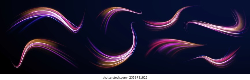 Dynamic translucent soft gradient stream motion. Vector vortex wake effect. Abstract magic energy wave. Neon blurred line motion. Light trail wave, fire path trace line and incandescence curve twirl.