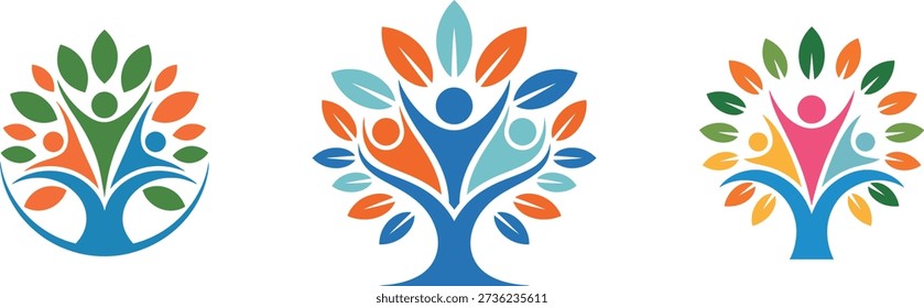 Dynamic tree logos symbolizing community, growth, and harmony. Perfect for business, ecology, and teamwork concepts.