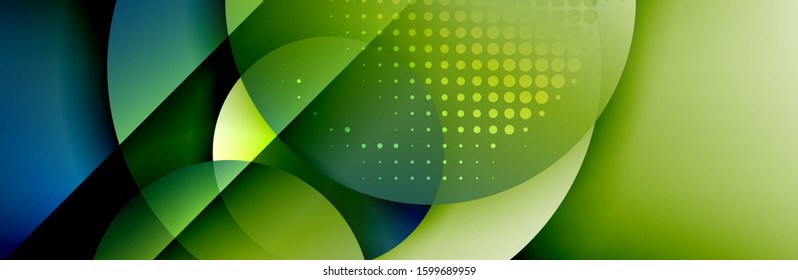 Dynamic trendy geometrical abstract background. Circles, round shapes 3d shadow effects and fluid gradients. Modern overlapping round forms. Vector Illustration For Wallpaper, Banner, Background, Card
