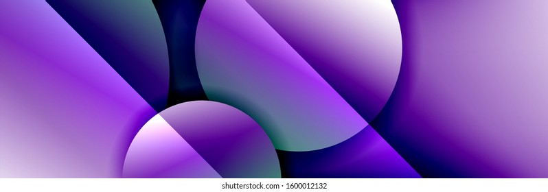 Dynamischer, geometrisch abstrakter Hintergrund. Kreise, runde Formen 3d Schatteneffekte und fließende Farbverläufe. Moderne überlappende Rundformen. Vektorgrafik für Bildschirmhintergrund, Banner, Hintergrund, Karte