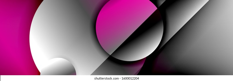 Dynamischer, geometrisch abstrakter Hintergrund. Kreise, runde Formen 3d Schatteneffekte und fließende Farbverläufe. Moderne überlappende Rundformen. Vektorgrafik für Bildschirmhintergrund, Banner, Hintergrund, Karte