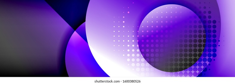 Dynamischer, geometrisch abstrakter Hintergrund. Kreise, runde Formen 3d Schatteneffekte und fließende Farbverläufe. Moderne überlappende Rundformen. Vektorgrafik für Bildschirmhintergrund, Banner, Hintergrund, Karte