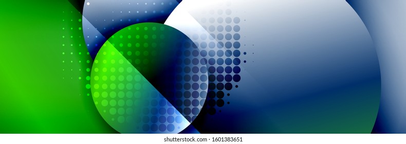 Fondo abstracto geométrico dinámico a la moda. Círculos, formas redondeadas, efectos de sombra 3d y gradientes de fluido. Formas redondeadas superpuestas modernas. Ilustración vectorial para papel de escritorio, pancarta, fondo, tarjeta