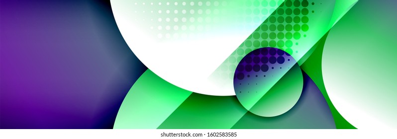 Fondo abstracto geométrico dinámico a la moda. Círculos, formas redondeadas, efectos de sombra 3d y gradientes de fluido. Formas redondeadas superpuestas modernas. Ilustración vectorial para papel de escritorio, pancarta, fondo, tarjeta